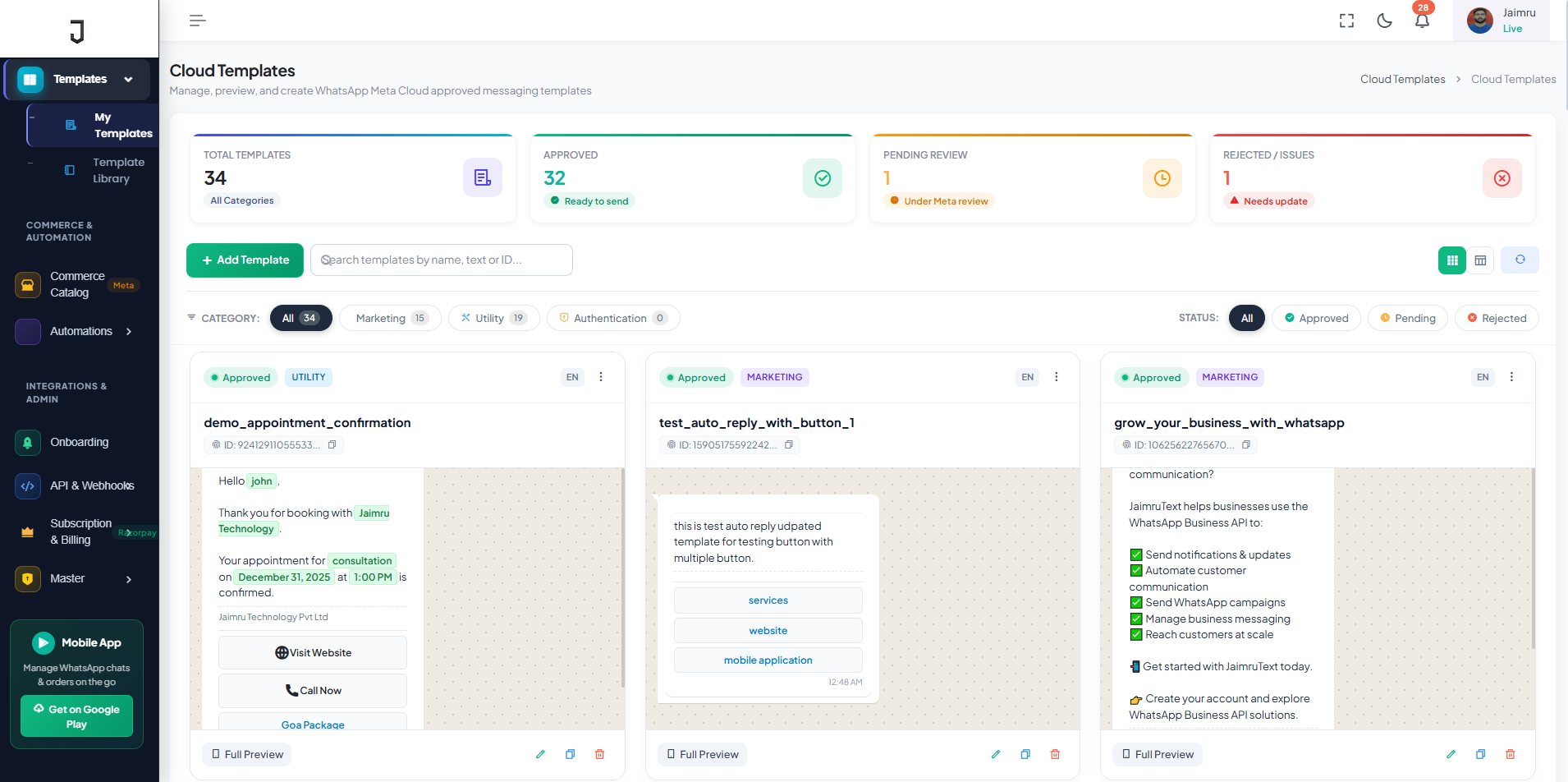 Interactive Meta WhatsApp Cloud API Message Template Builder Interface